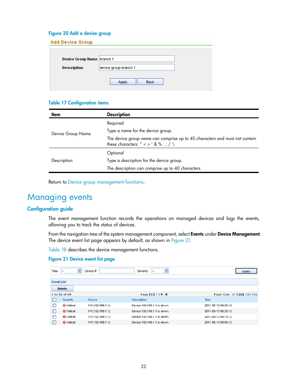 Managing events, Configuration guide, Figure 20 | Table 17 | H3C Technologies H3C SecCenter Firewall Manager User Manual | Page 28 / 131