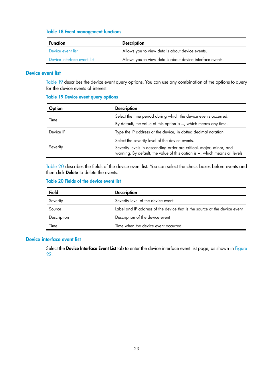 Device event list, Device interface event list, Table 18 | H3C Technologies H3C SecCenter Firewall Manager User Manual | Page 29 / 131