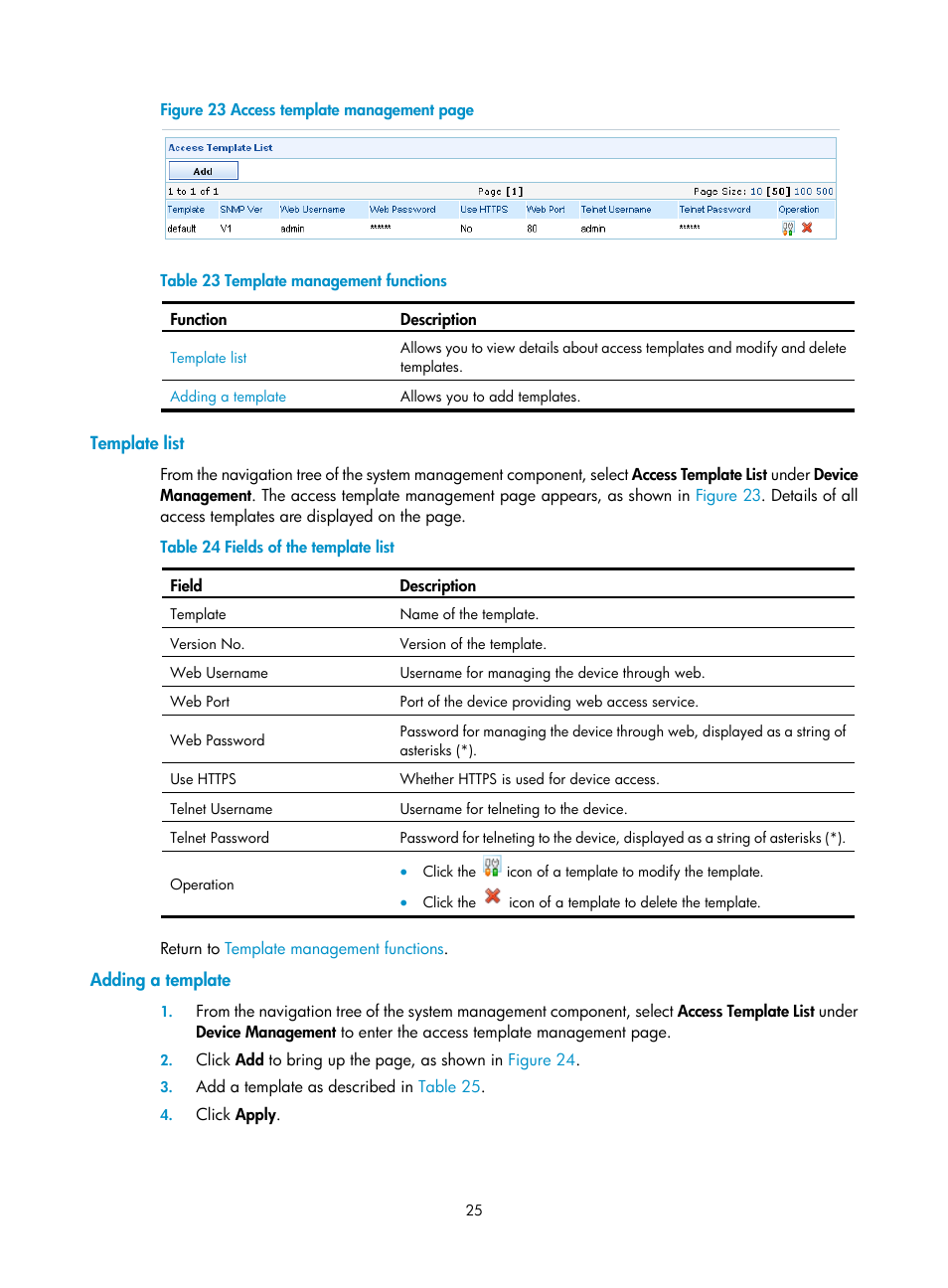Template list, Adding a template, N in | Figure 23, Table 23 | H3C Technologies H3C SecCenter Firewall Manager User Manual | Page 31 / 131