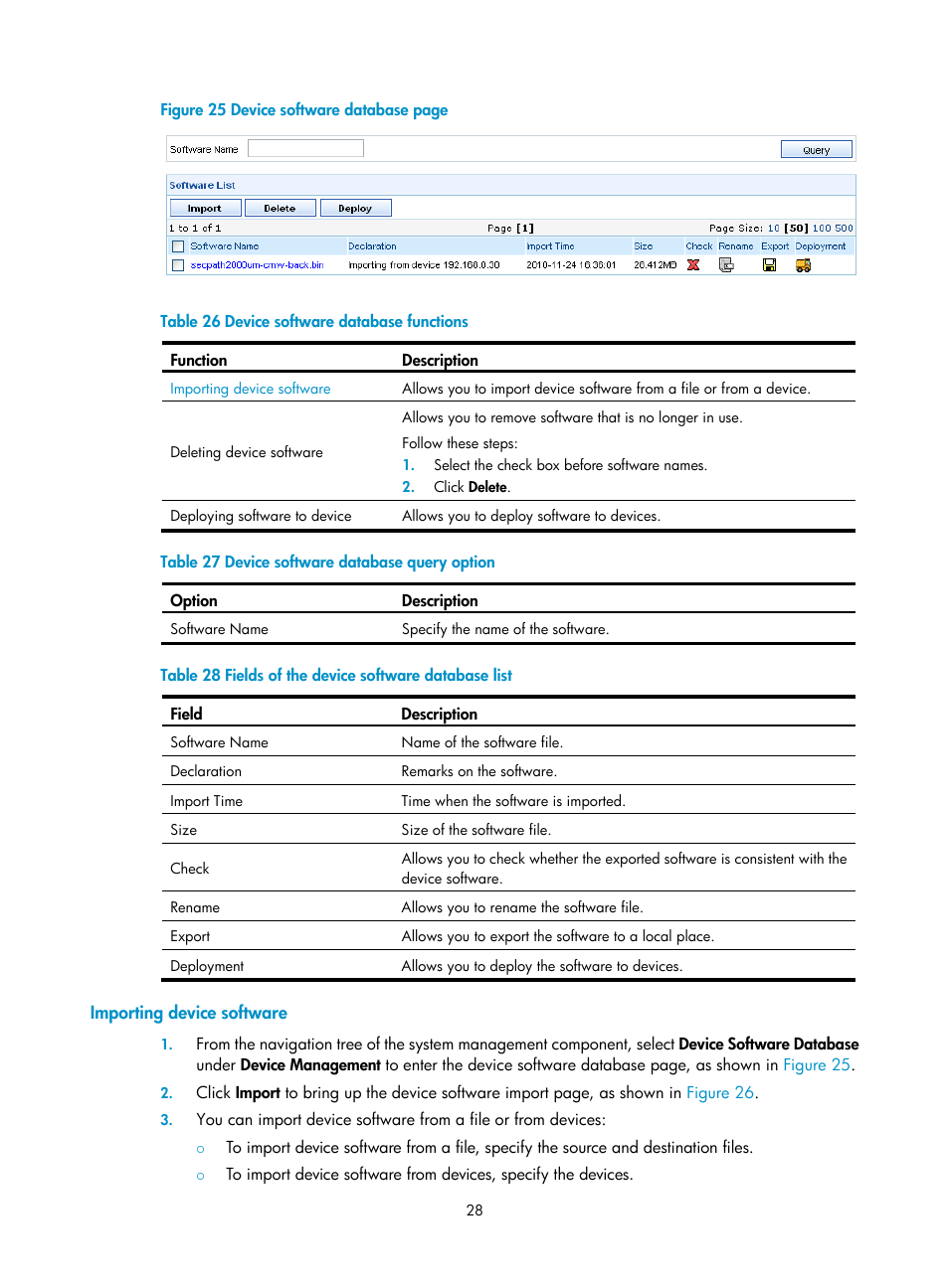 Importing device software, Figure 25, Table 26 | Table 27, Table 28 | H3C Technologies H3C SecCenter Firewall Manager User Manual | Page 34 / 131