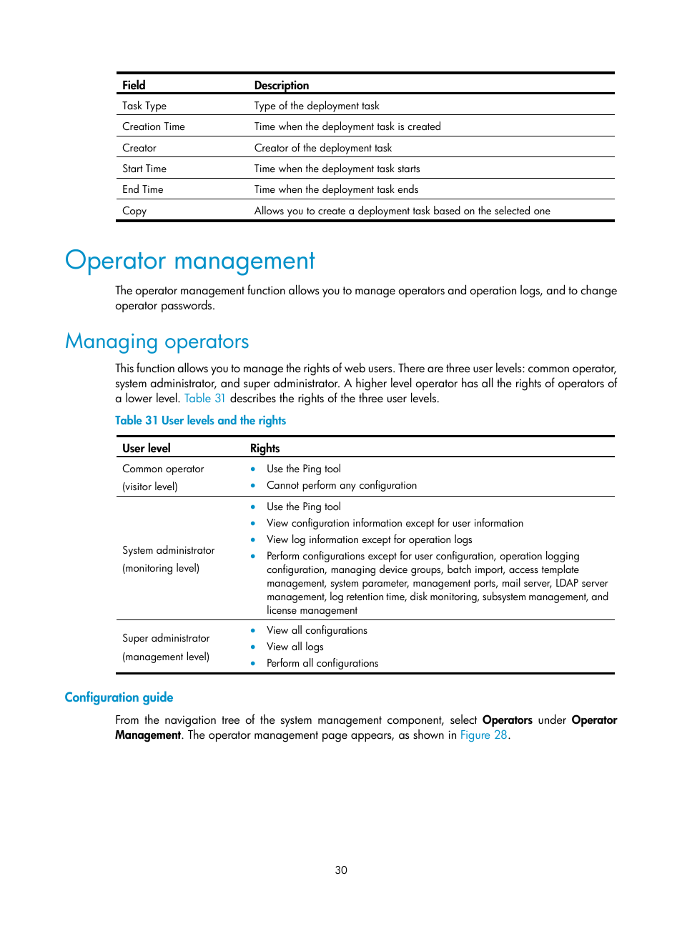 Operator management, Managing operators, Configuration guide | H3C Technologies H3C SecCenter Firewall Manager User Manual | Page 36 / 131