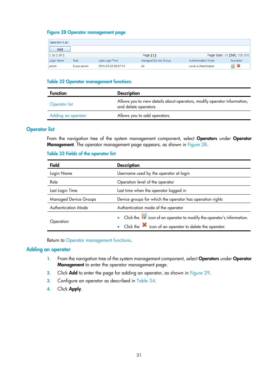Operator list, Adding an operator | H3C Technologies H3C SecCenter Firewall Manager User Manual | Page 37 / 131