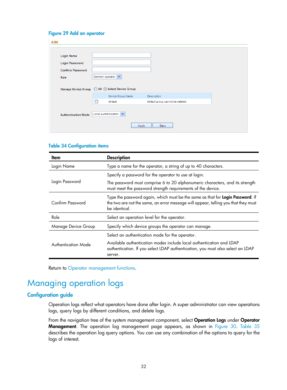 Managing operation logs, Configuration guide, Figure 29 | Ribed in, Table 34 | H3C Technologies H3C SecCenter Firewall Manager User Manual | Page 38 / 131