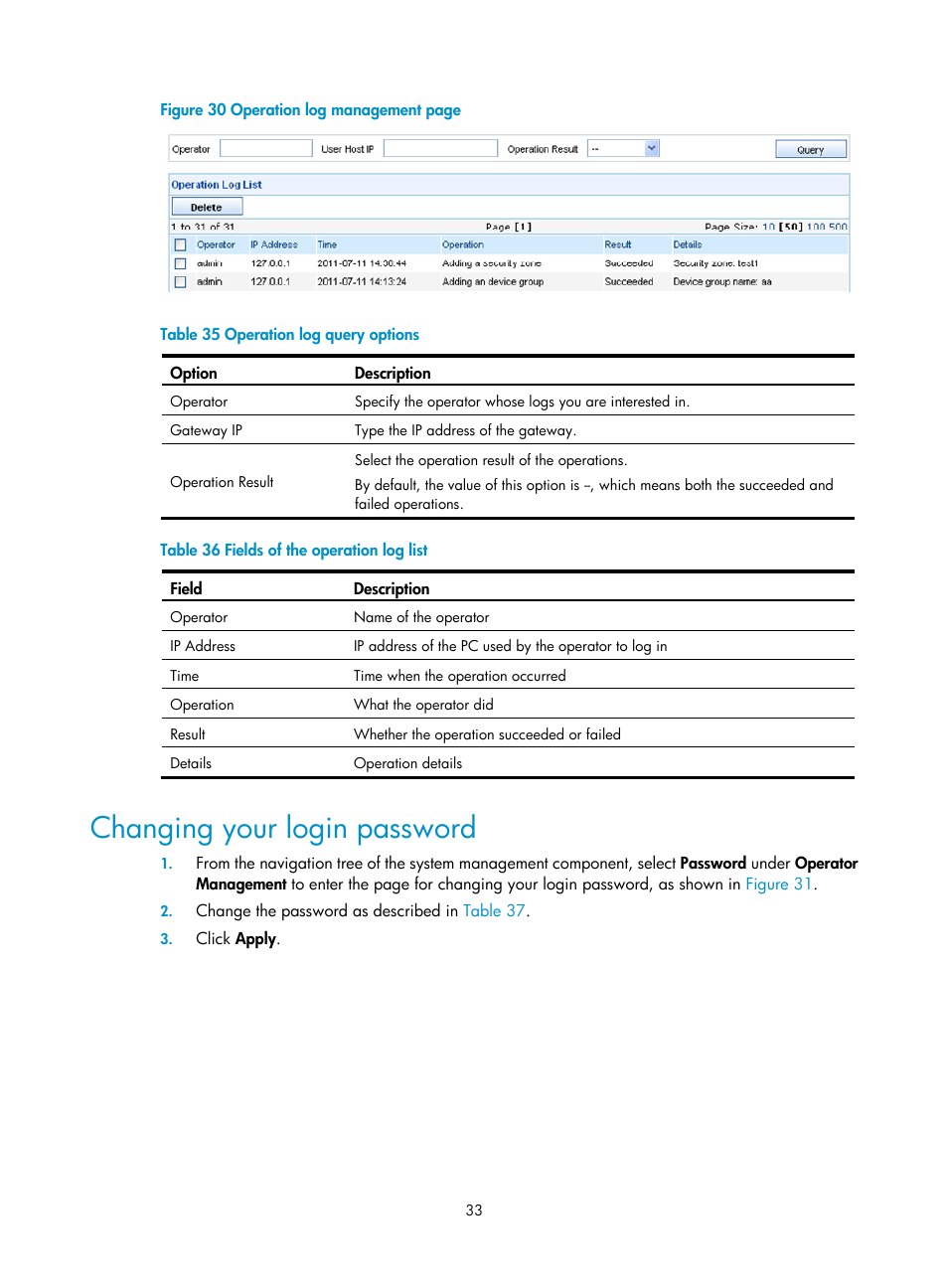 Changing your login password, Figure 30, Table 35 | H3C Technologies H3C SecCenter Firewall Manager User Manual | Page 39 / 131