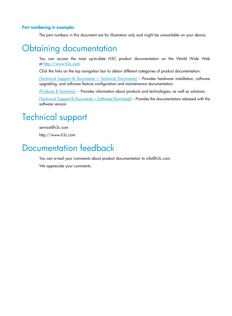 Port numbering in examples, Obtaining documentation, Technical support | Documentation feedback | H3C Technologies H3C SecCenter Firewall Manager User Manual | Page 4 / 131