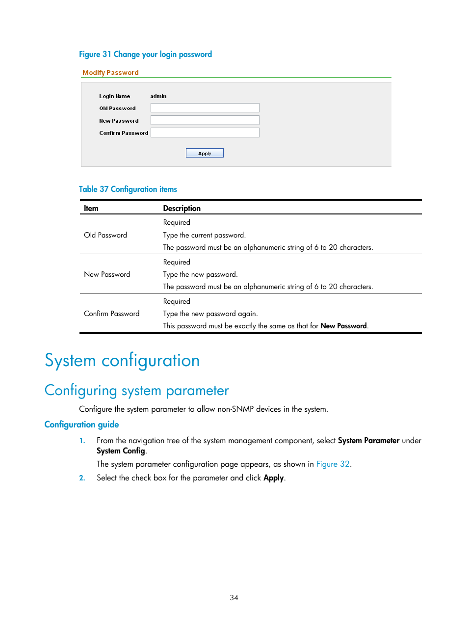 System configuration, Configuring system parameter, Configuration guide | H3C Technologies H3C SecCenter Firewall Manager User Manual | Page 40 / 131