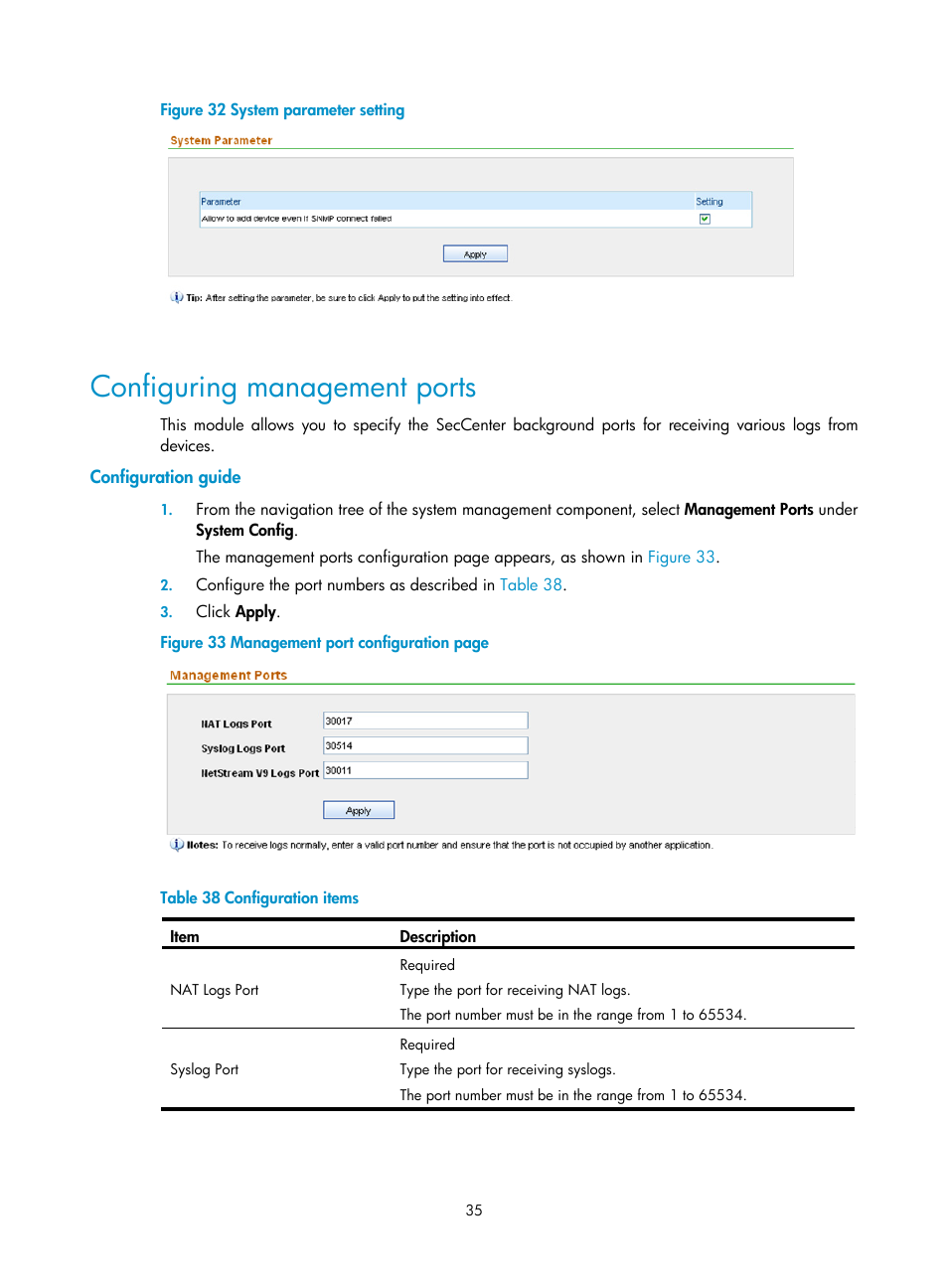 Configuring management ports, Configuration guide | H3C Technologies H3C SecCenter Firewall Manager User Manual | Page 41 / 131