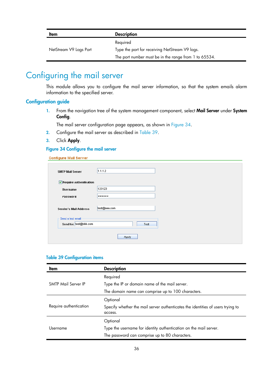 Configuring the mail server, Configuration guide | H3C Technologies H3C SecCenter Firewall Manager User Manual | Page 42 / 131
