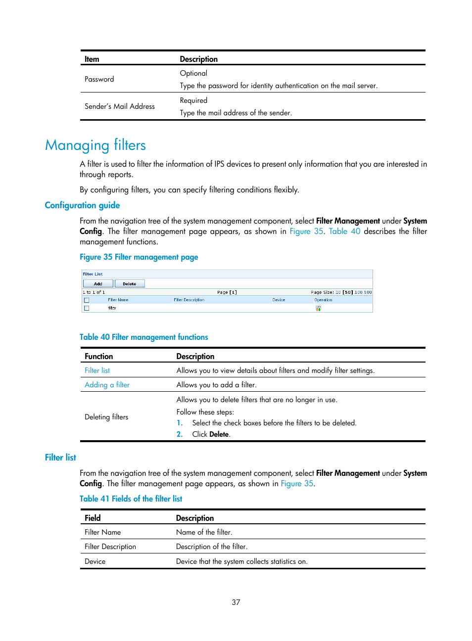 Managing filters, Configuration guide, Filter list | H3C Technologies H3C SecCenter Firewall Manager User Manual | Page 43 / 131