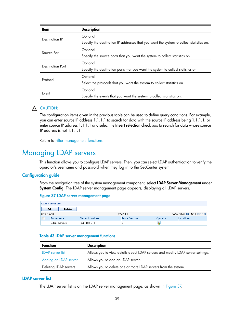 Managing ldap servers, Configuration guide, Ldap server list | H3C Technologies H3C SecCenter Firewall Manager User Manual | Page 45 / 131