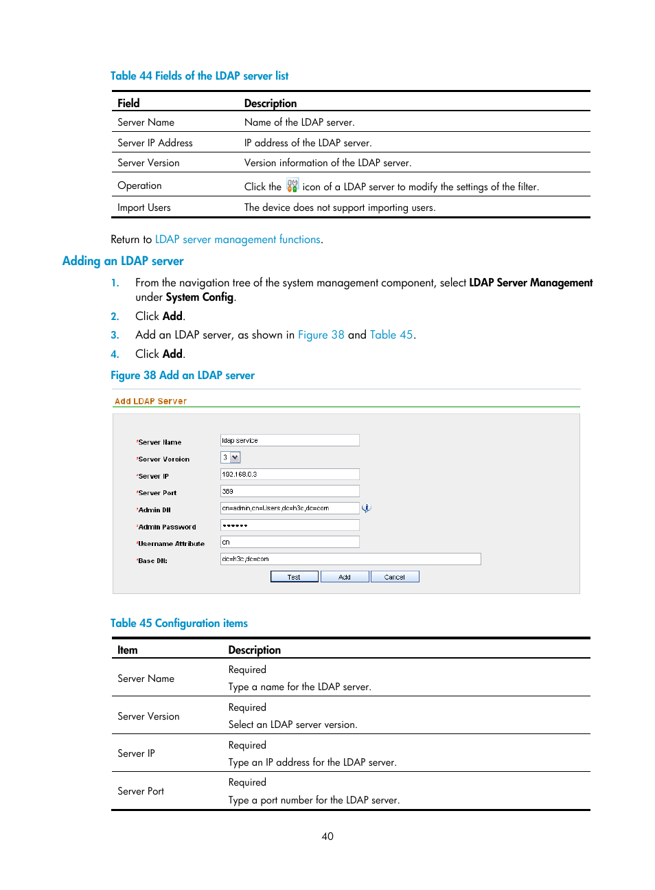 Adding an ldap server | H3C Technologies H3C SecCenter Firewall Manager User Manual | Page 46 / 131