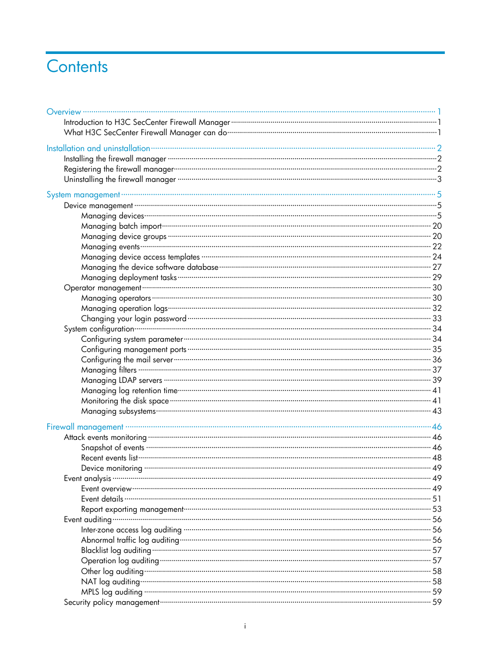 H3C Technologies H3C SecCenter Firewall Manager User Manual | Page 5 / 131