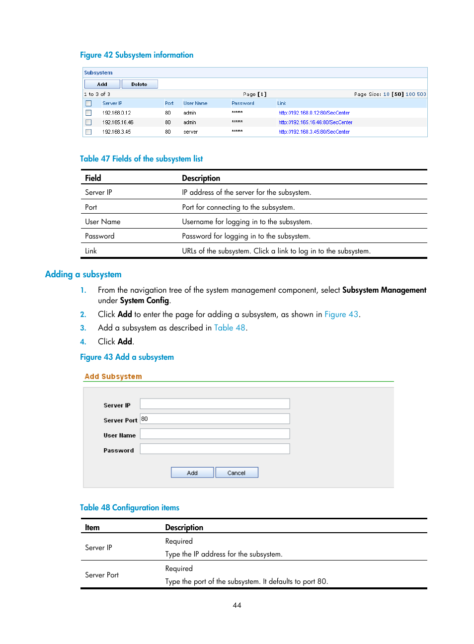 Adding a subsystem, Figure 42, Table 47 | H3C Technologies H3C SecCenter Firewall Manager User Manual | Page 50 / 131