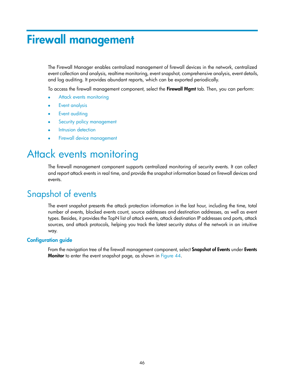 Firewall management, Attack events monitoring, Snapshot of events | Configuration guide | H3C Technologies H3C SecCenter Firewall Manager User Manual | Page 52 / 131