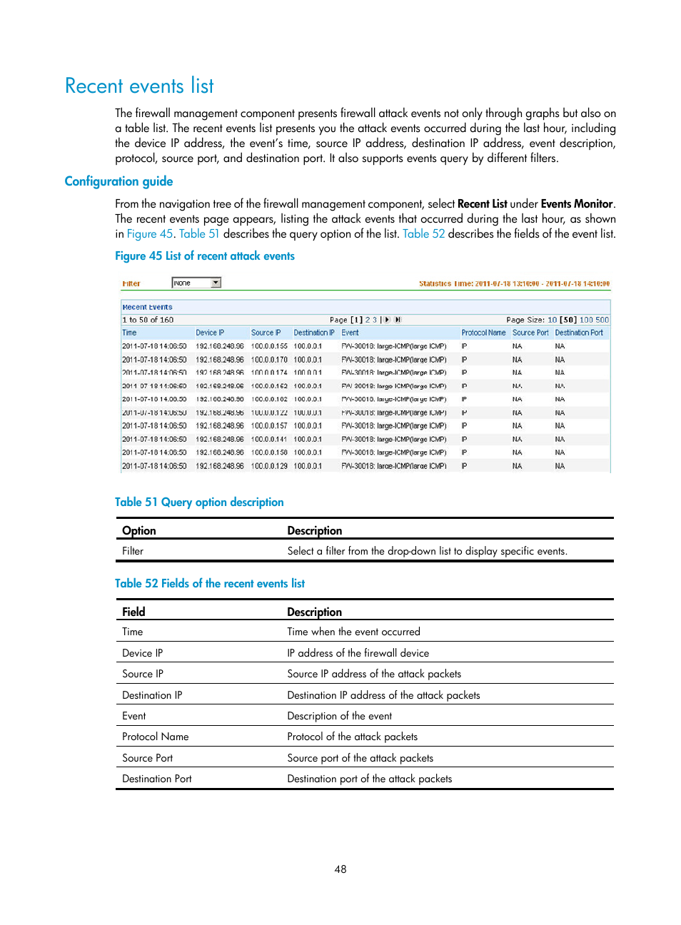 Recent events list, Configuration guide | H3C Technologies H3C SecCenter Firewall Manager User Manual | Page 54 / 131