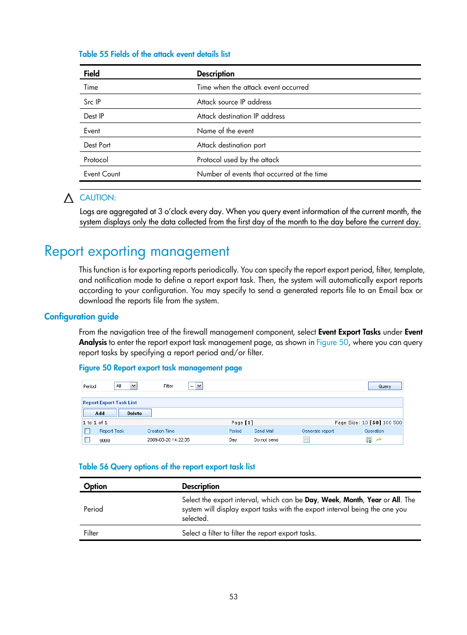 Report exporting management, Configuration guide, Table 55 | H3C Technologies H3C SecCenter Firewall Manager User Manual | Page 59 / 131