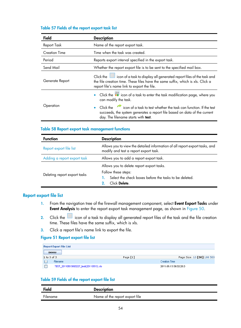 Report export file list | H3C Technologies H3C SecCenter Firewall Manager User Manual | Page 60 / 131