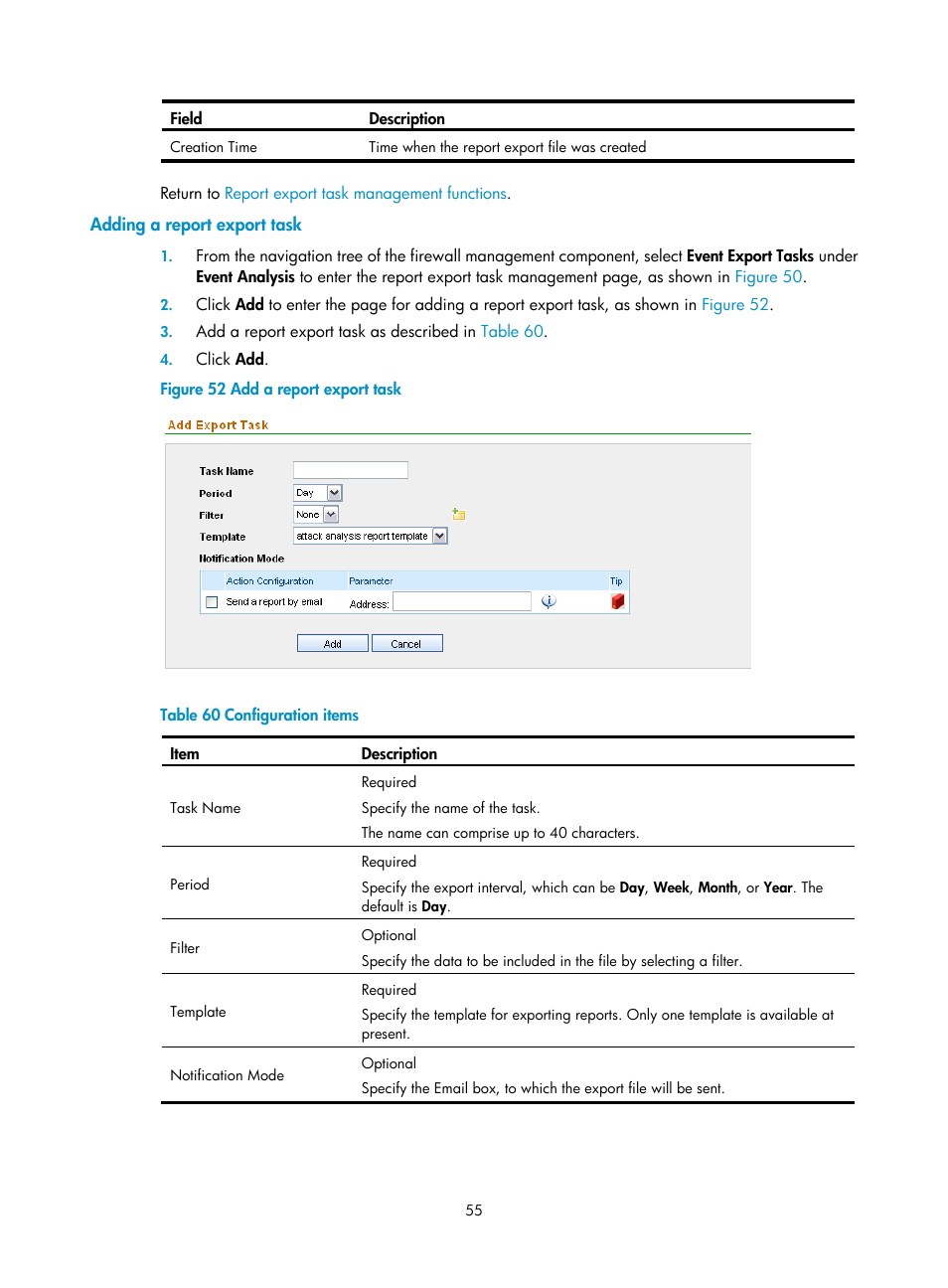 Adding a report export task | H3C Technologies H3C SecCenter Firewall Manager User Manual | Page 61 / 131