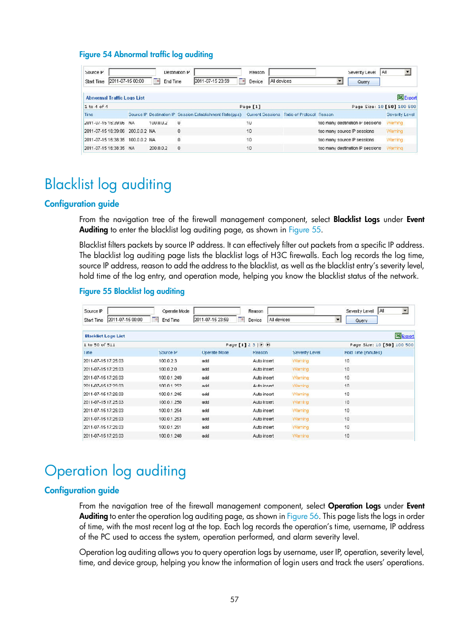 Blacklist log auditing, Configuration guide, Operation log auditing | N in, Figure 54 | H3C Technologies H3C SecCenter Firewall Manager User Manual | Page 63 / 131