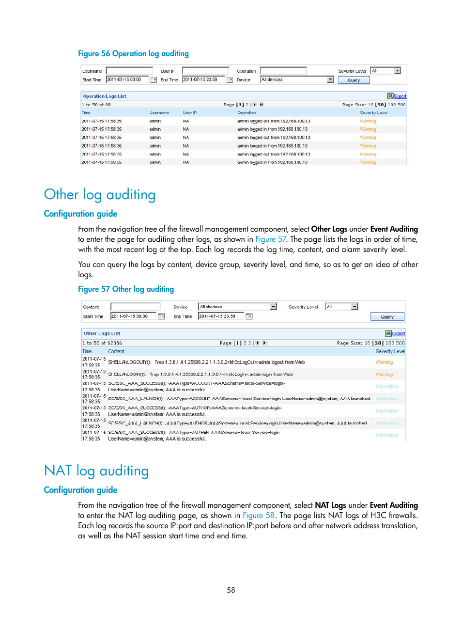 Other log auditing, Configuration guide, Nat log auditing | H3C Technologies H3C SecCenter Firewall Manager User Manual | Page 64 / 131