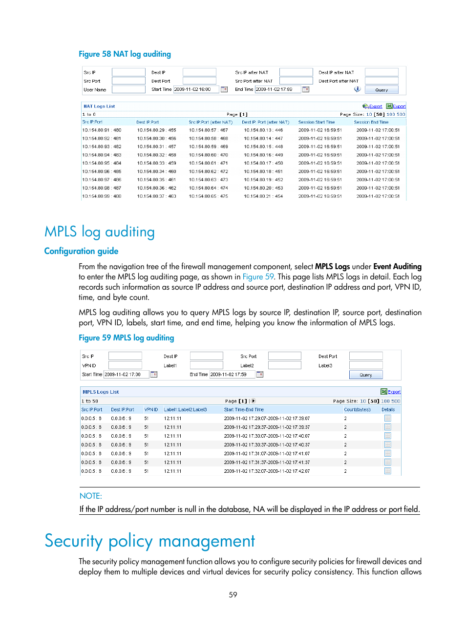 Mpls log auditing, Configuration guide, Security policy management | Figure 58 | H3C Technologies H3C SecCenter Firewall Manager User Manual | Page 65 / 131