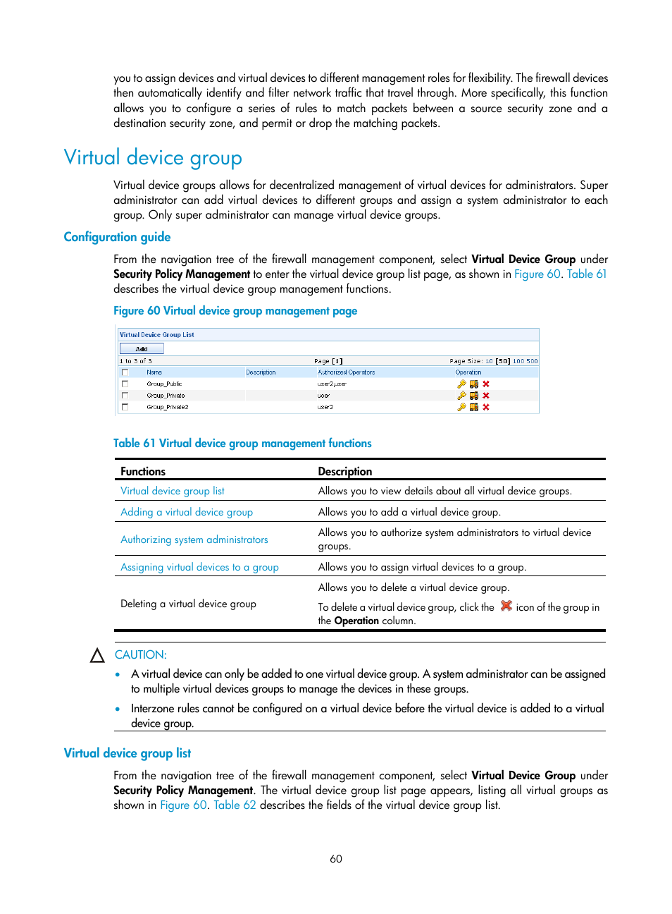 Virtual device group, Configuration guide, Virtual device group list | H3C Technologies H3C SecCenter Firewall Manager User Manual | Page 66 / 131