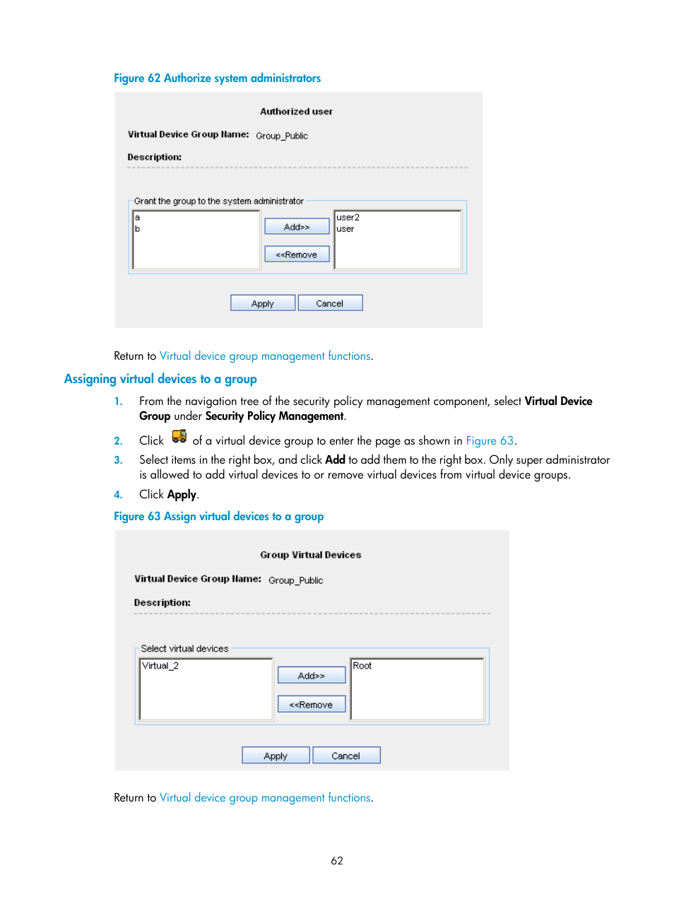 Assigning virtual devices to a group, Figure 62 | H3C Technologies H3C SecCenter Firewall Manager User Manual | Page 68 / 131