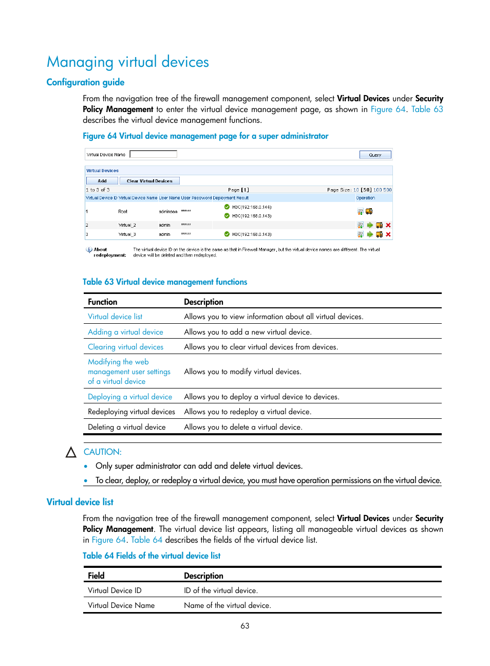 Managing virtual devices, Configuration guide, Virtual device list | H3C Technologies H3C SecCenter Firewall Manager User Manual | Page 69 / 131