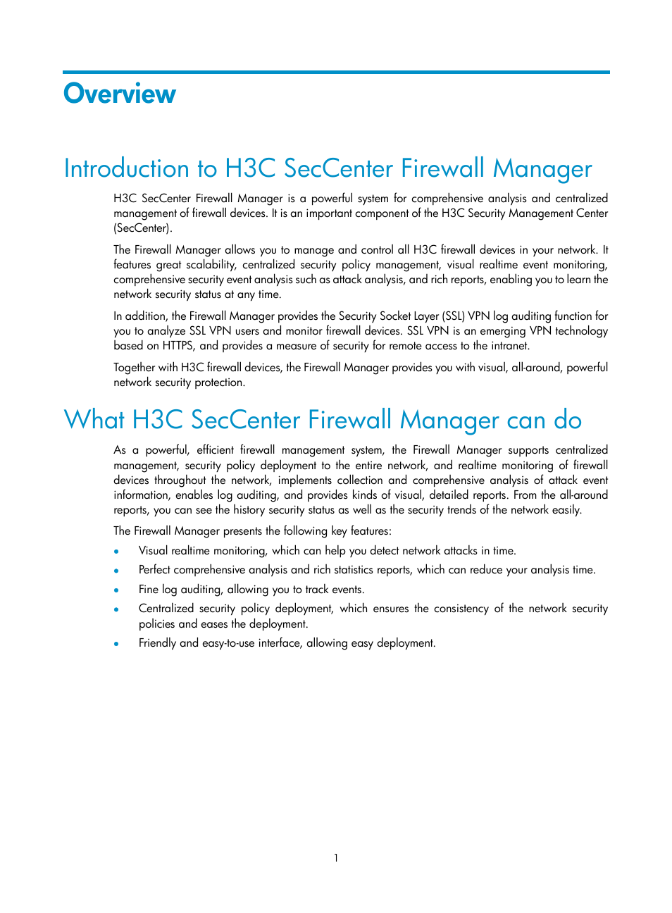 Overview, Introduction to h3c seccenter firewall manager, What h3c seccenter firewall manager can do | H3C Technologies H3C SecCenter Firewall Manager User Manual | Page 7 / 131