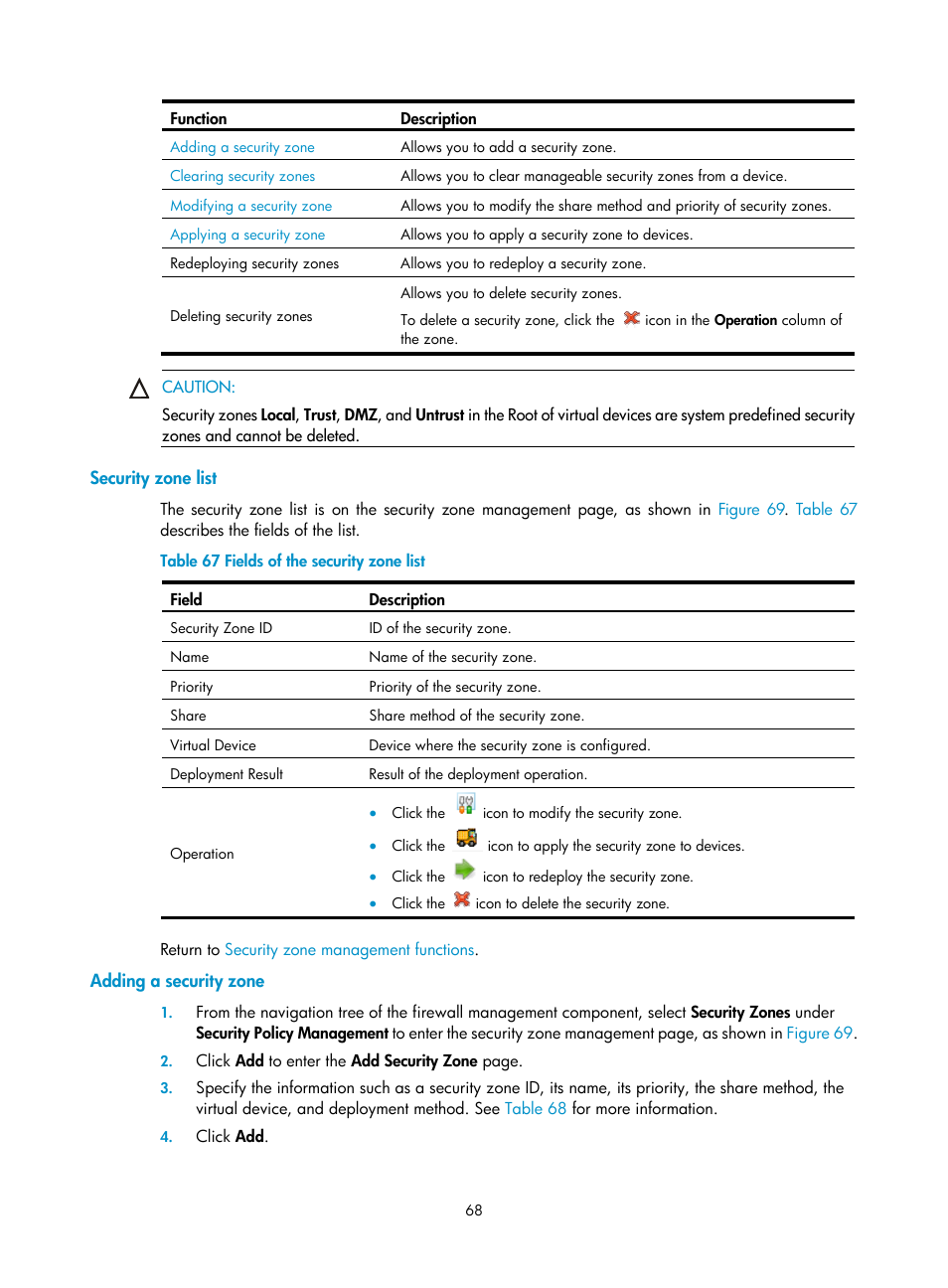 Security zone list, Adding a security zone | H3C Technologies H3C SecCenter Firewall Manager User Manual | Page 74 / 131