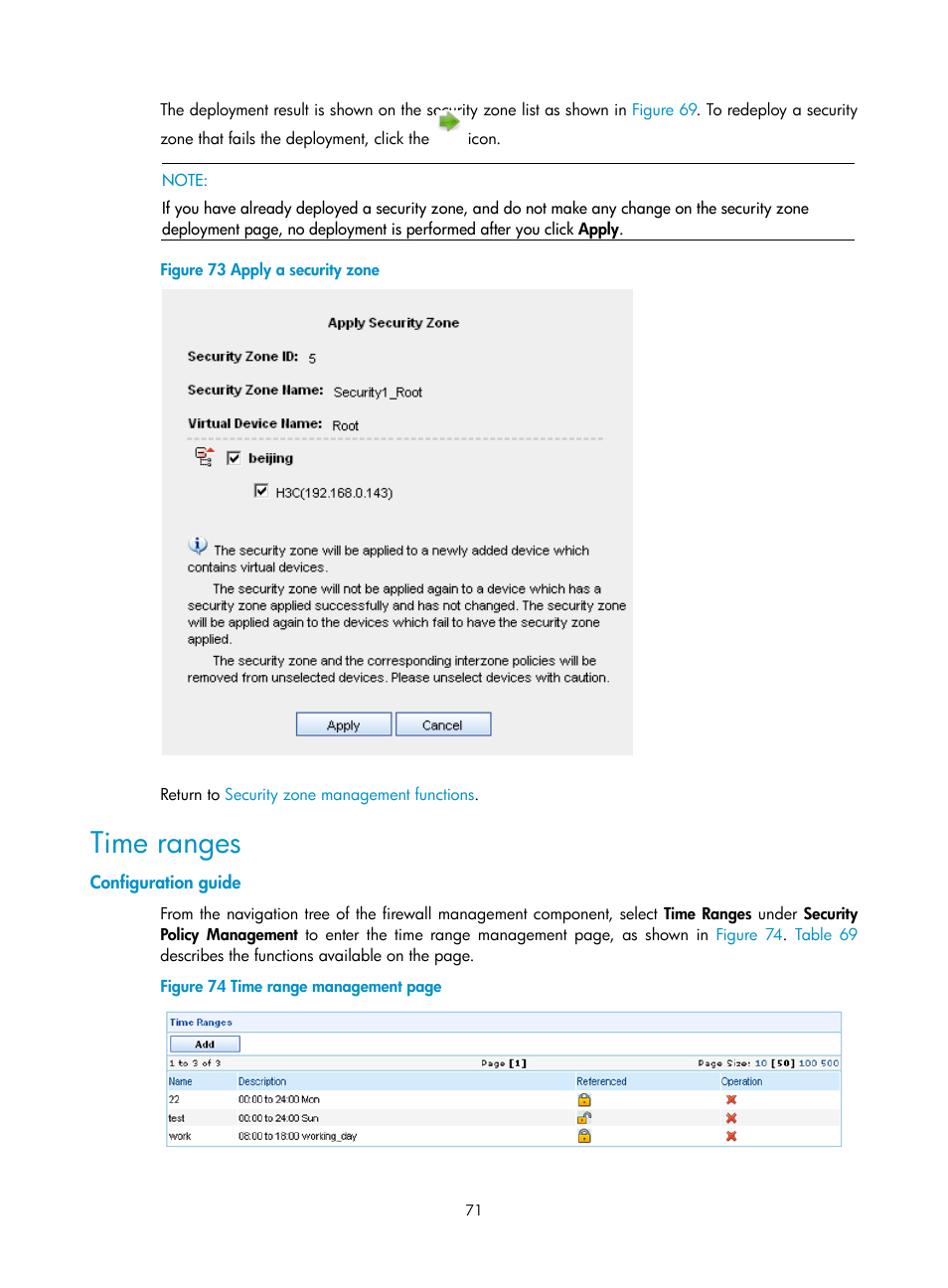 Time ranges, Configuration guide, As shown in | Figure 73 | H3C Technologies H3C SecCenter Firewall Manager User Manual | Page 77 / 131