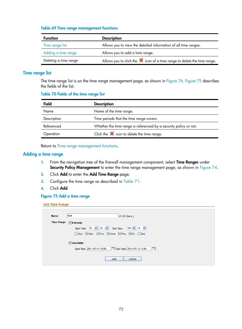 Time range list, Adding a time range, Table 69 | H3C Technologies H3C SecCenter Firewall Manager User Manual | Page 78 / 131