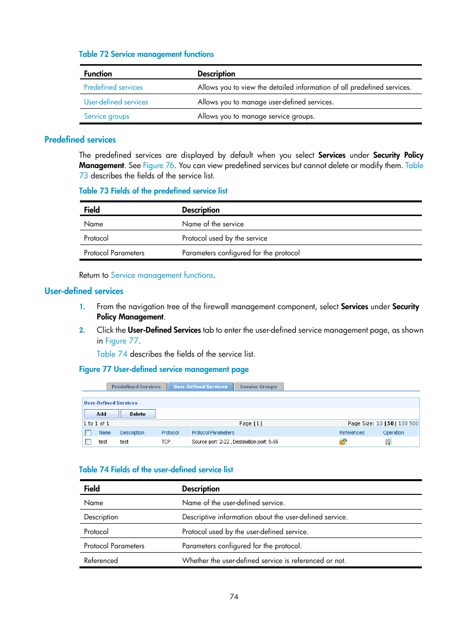 Predefined services, User-defined services, Table 72 | H3C Technologies H3C SecCenter Firewall Manager User Manual | Page 80 / 131