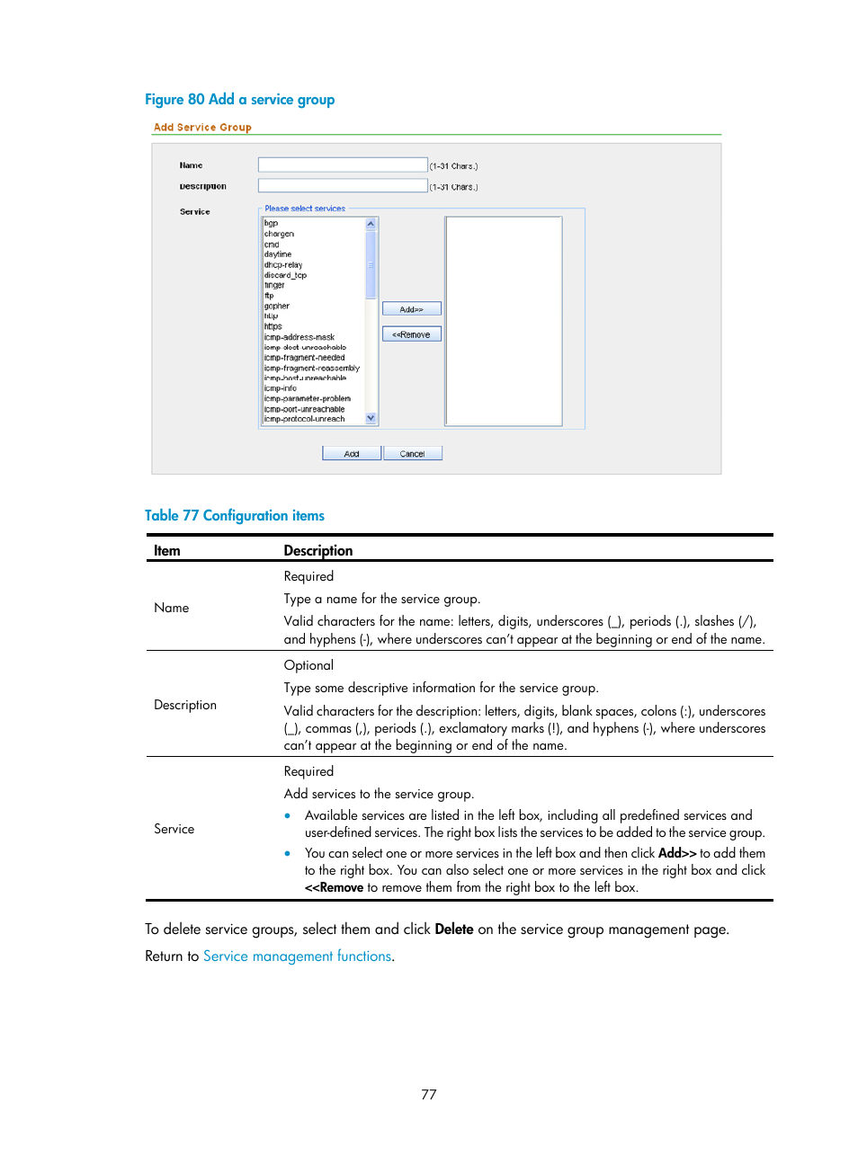 D in, Table 77 | H3C Technologies H3C SecCenter Firewall Manager User Manual | Page 83 / 131