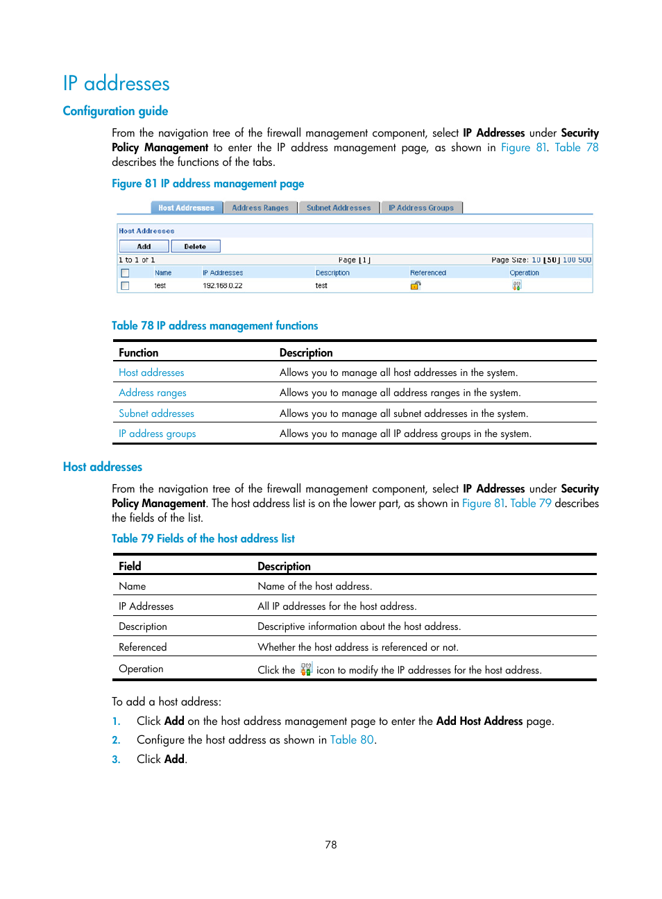 Ip addresses, Configuration guide, Host addresses | H3C Technologies H3C SecCenter Firewall Manager User Manual | Page 84 / 131