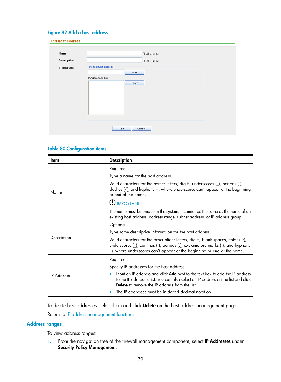 Address ranges, As shown in, Table 80 | H3C Technologies H3C SecCenter Firewall Manager User Manual | Page 85 / 131