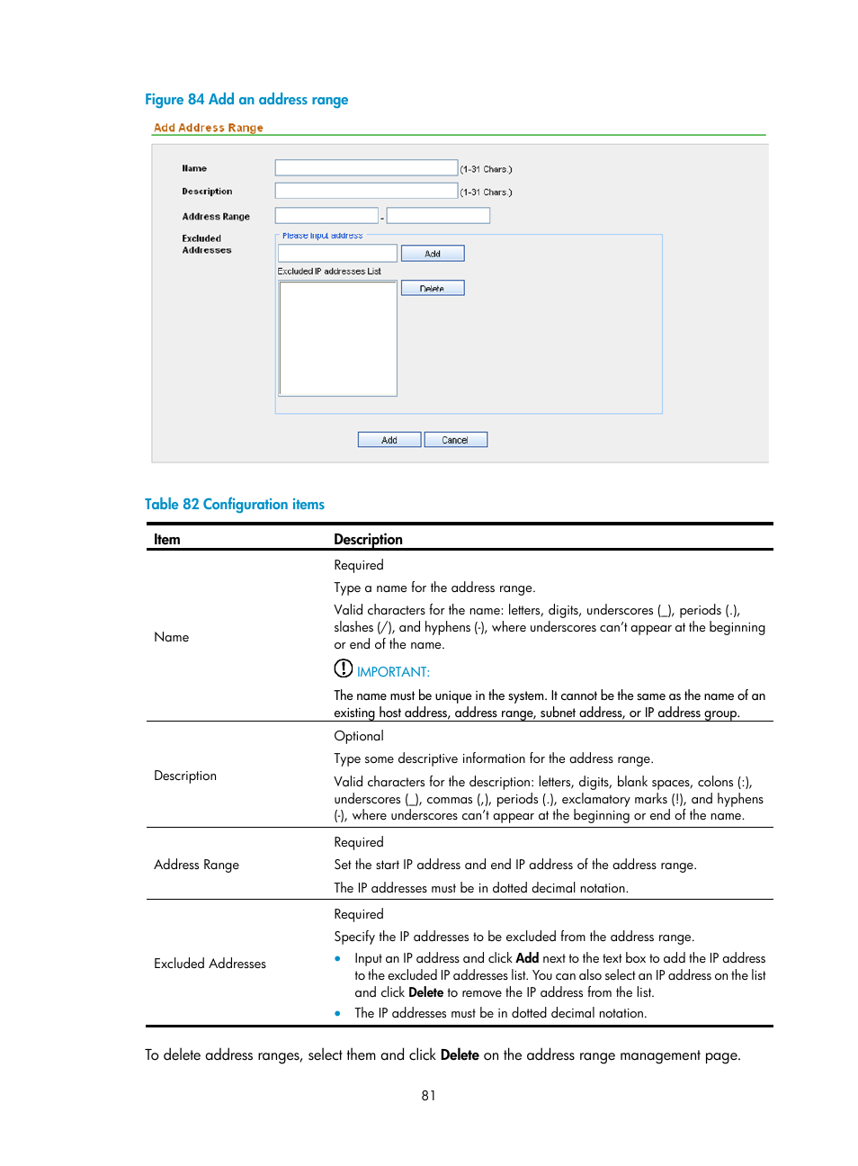 Shown in, Figure 84, Configure the range | Table 82 | H3C Technologies H3C SecCenter Firewall Manager User Manual | Page 87 / 131