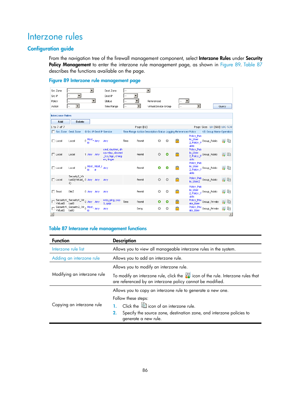 Interzone rules, Configuration guide | H3C Technologies H3C SecCenter Firewall Manager User Manual | Page 92 / 131
