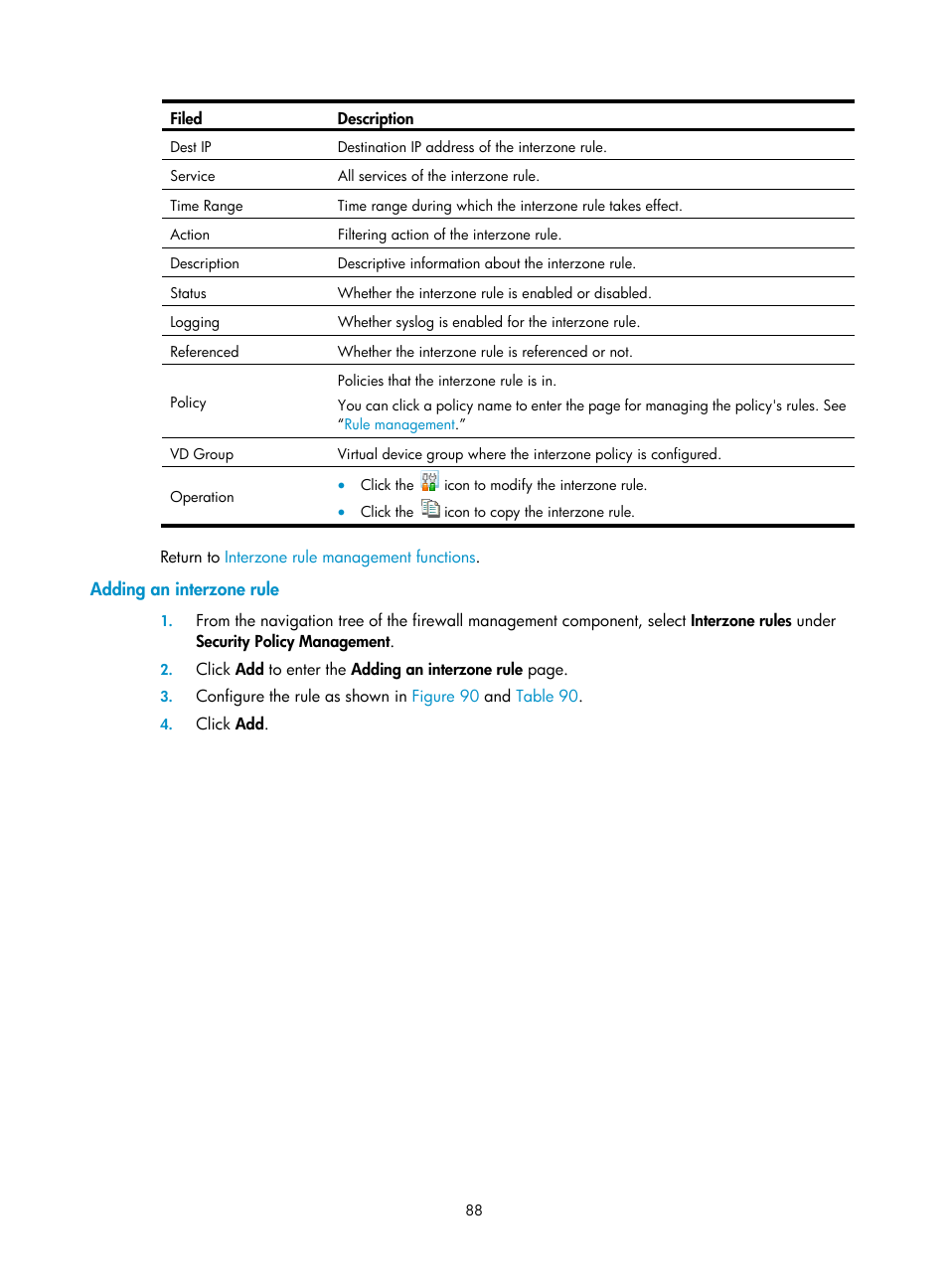 Adding an interzone rule | H3C Technologies H3C SecCenter Firewall Manager User Manual | Page 94 / 131