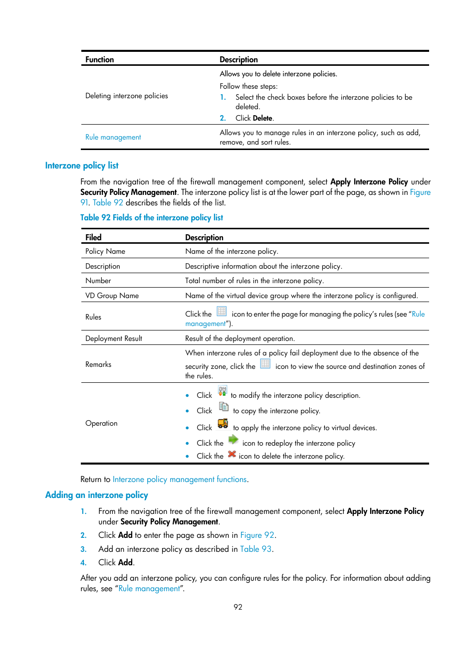 Interzone policy list, Adding an interzone policy | H3C Technologies H3C SecCenter Firewall Manager User Manual | Page 98 / 131