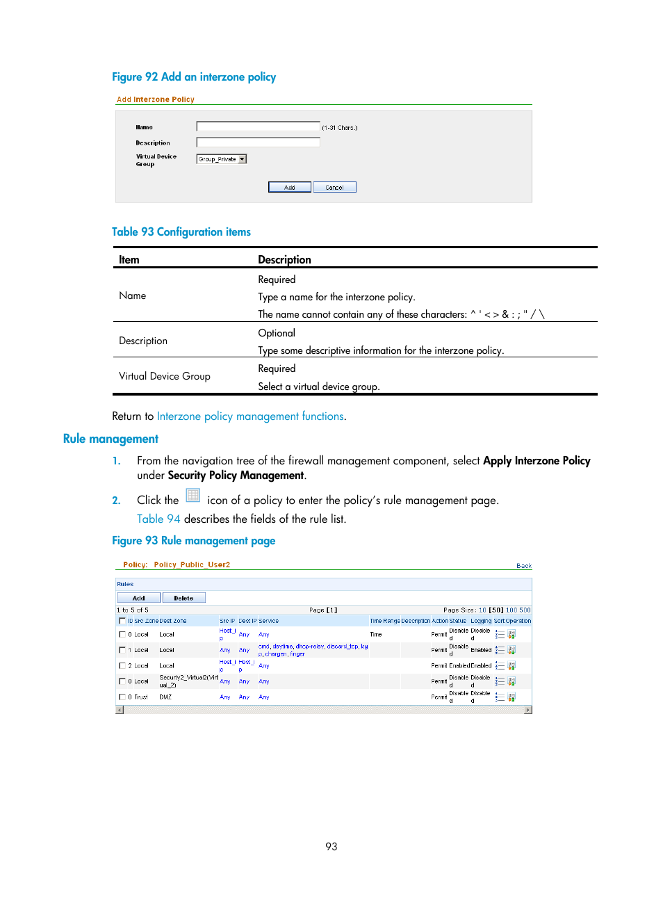 Rule management, Rule, Management | Figure 92, Table 93 | H3C Technologies H3C SecCenter Firewall Manager User Manual | Page 99 / 131
