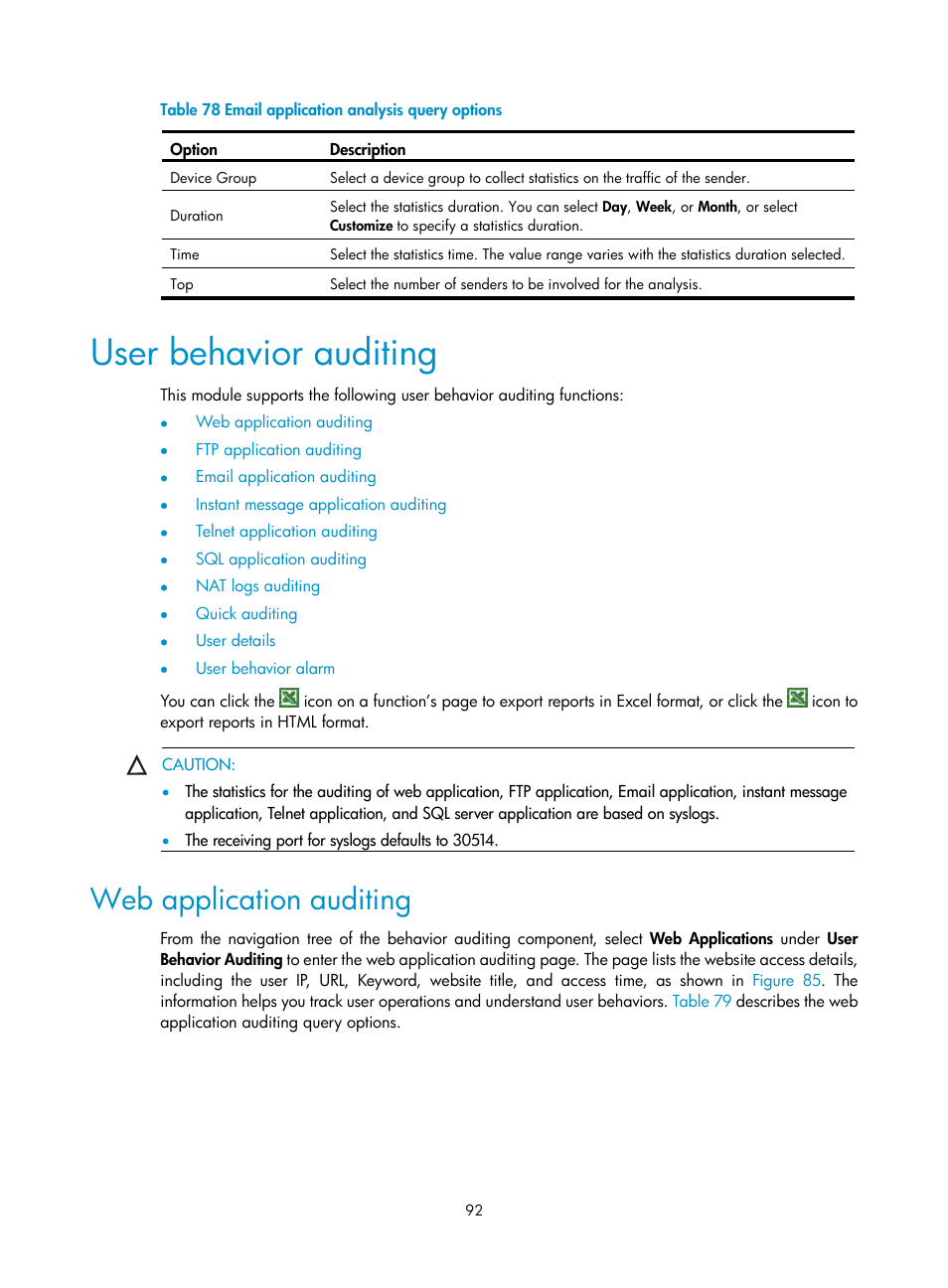 User behavior auditing, Web application auditing, Table 78 | H3C Technologies H3C SecCenter UTM Manager User Manual | Page 100 / 262