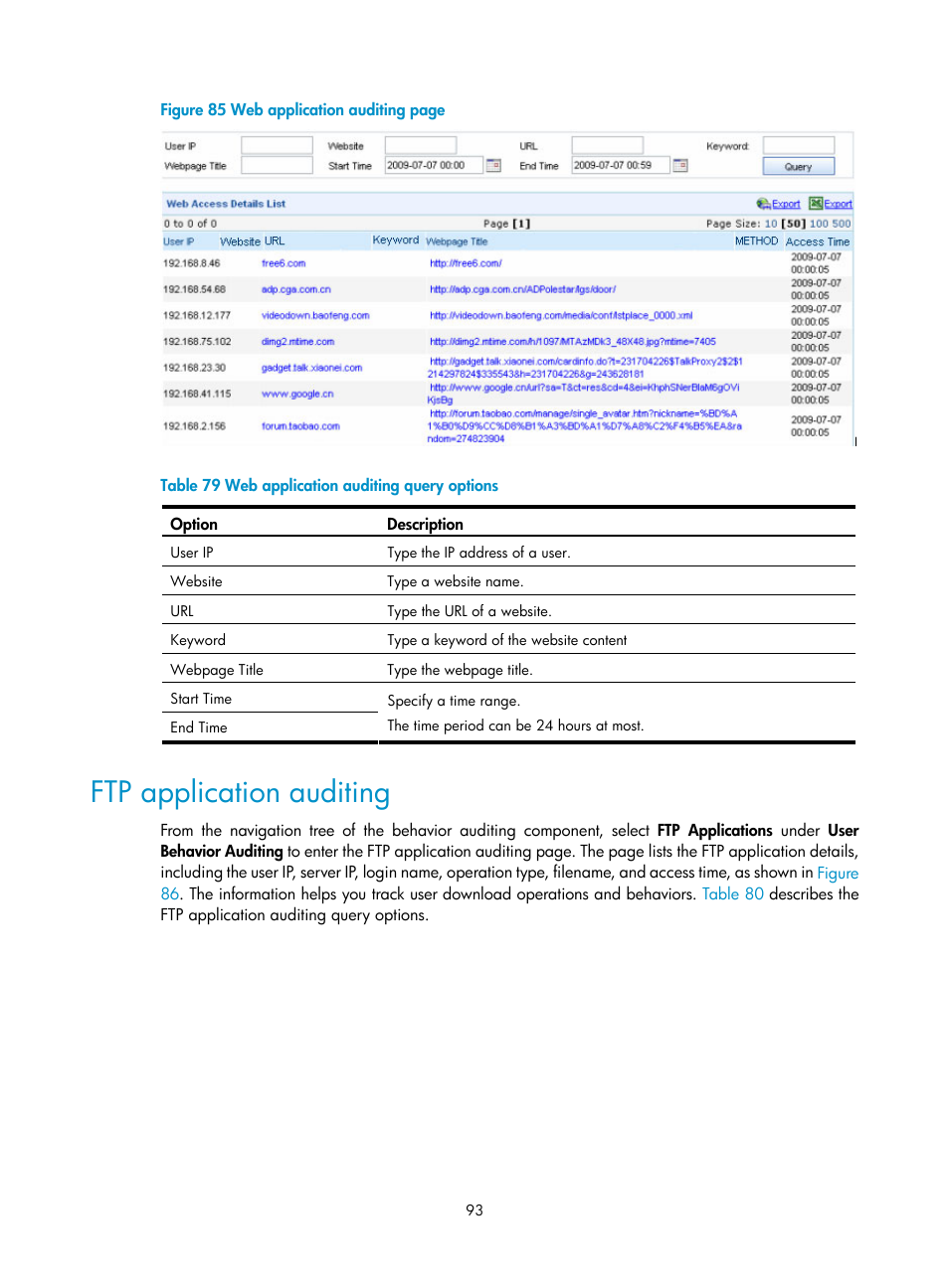 Ftp application auditing, N in, Figure 85 | Table 79 | H3C Technologies H3C SecCenter UTM Manager User Manual | Page 101 / 262