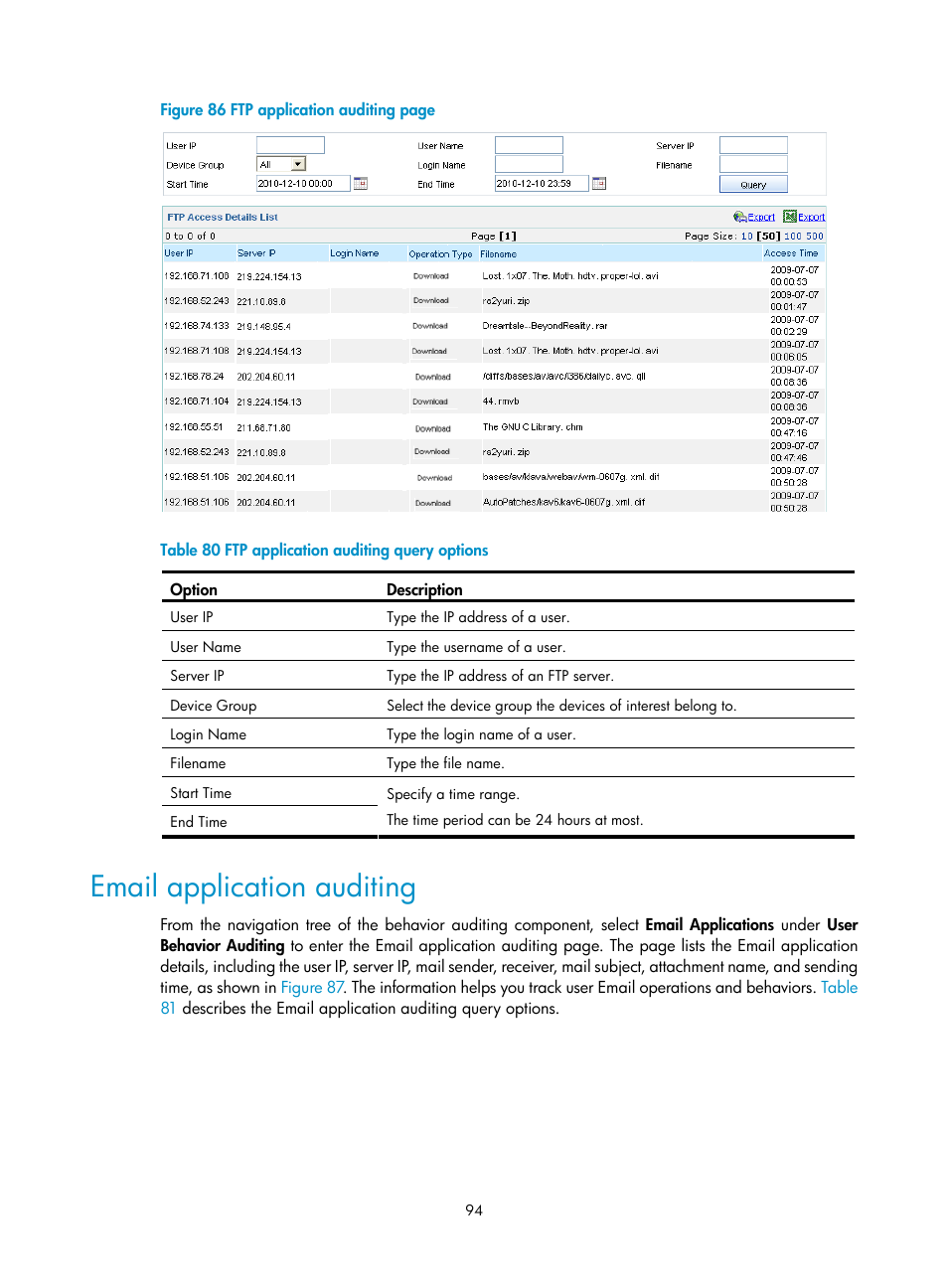 Email application auditing, Figure, Table 80 | H3C Technologies H3C SecCenter UTM Manager User Manual | Page 102 / 262