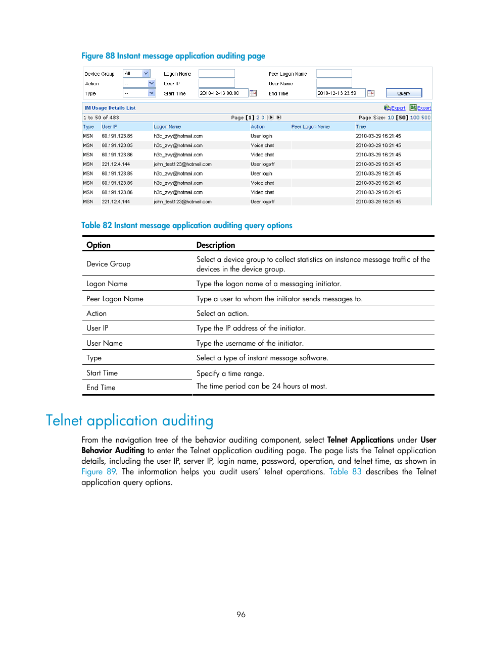 Telnet application auditing | H3C Technologies H3C SecCenter UTM Manager User Manual | Page 104 / 262