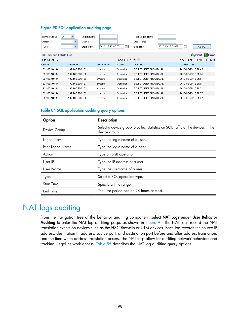 Nat logs auditing | H3C Technologies H3C SecCenter UTM Manager User Manual | Page 106 / 262