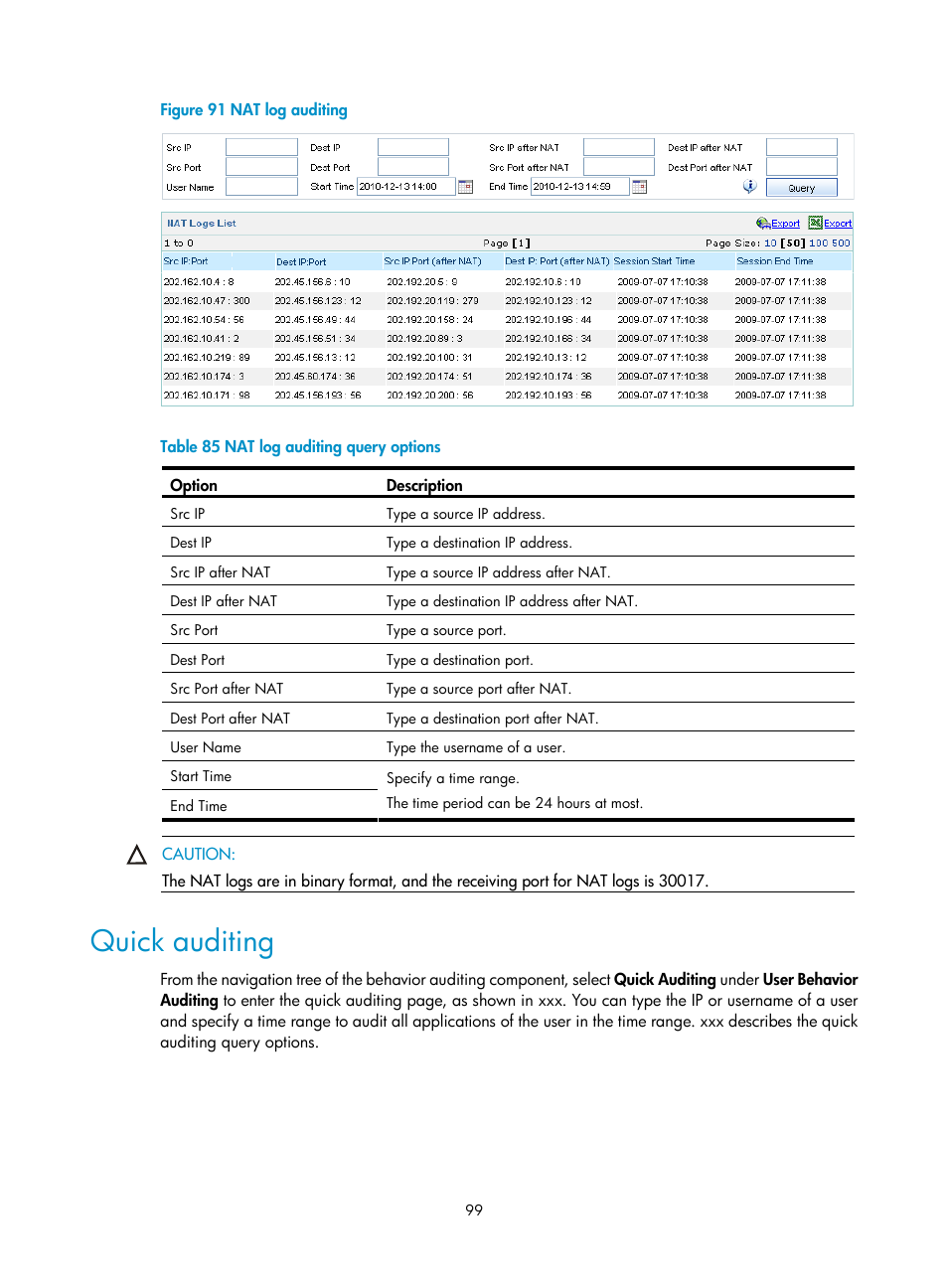 Quick auditing, Figure 91, Table 85 | H3C Technologies H3C SecCenter UTM Manager User Manual | Page 107 / 262