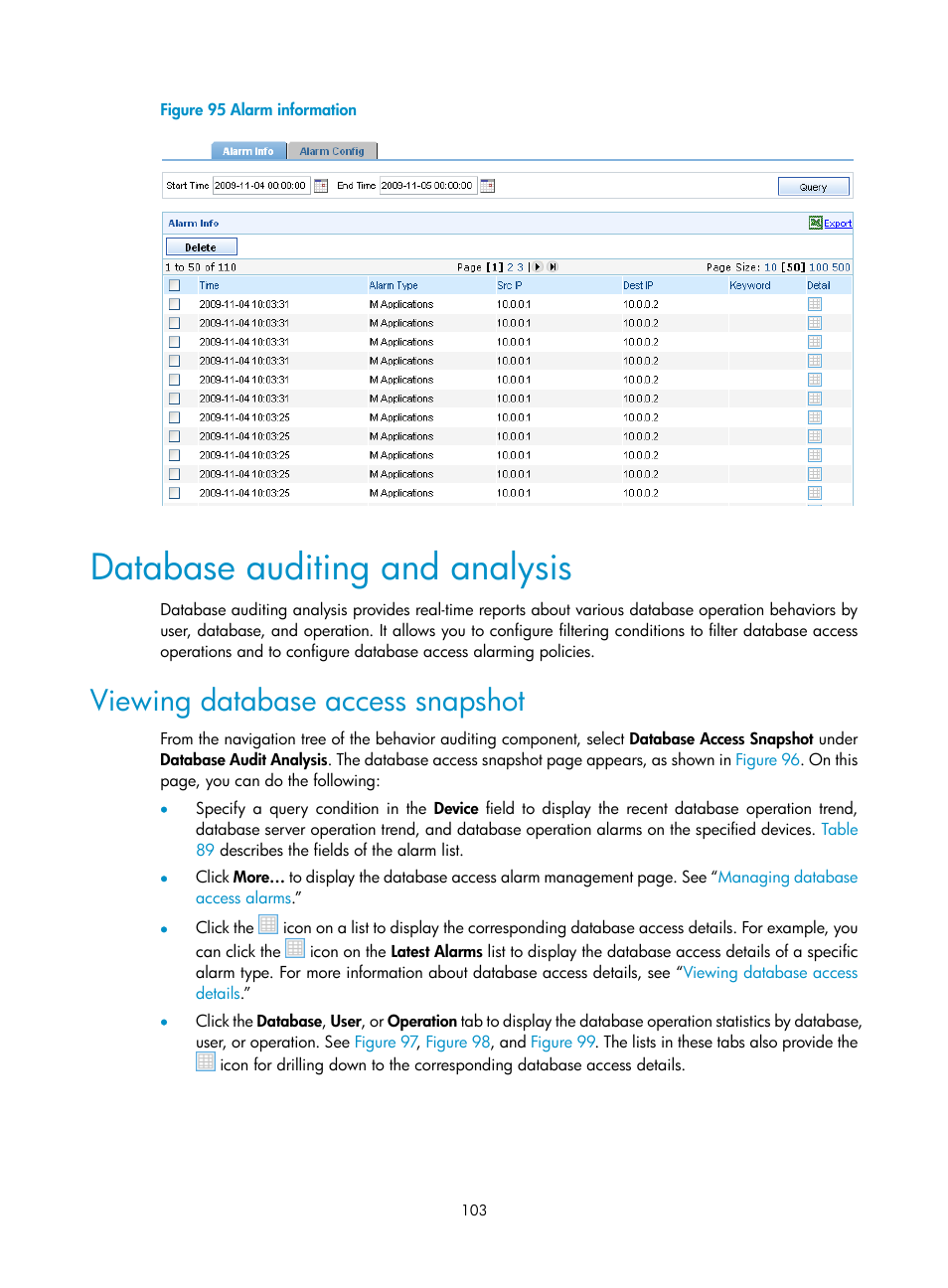 Database auditing and analysis, Viewing database access snapshot | H3C Technologies H3C SecCenter UTM Manager User Manual | Page 111 / 262