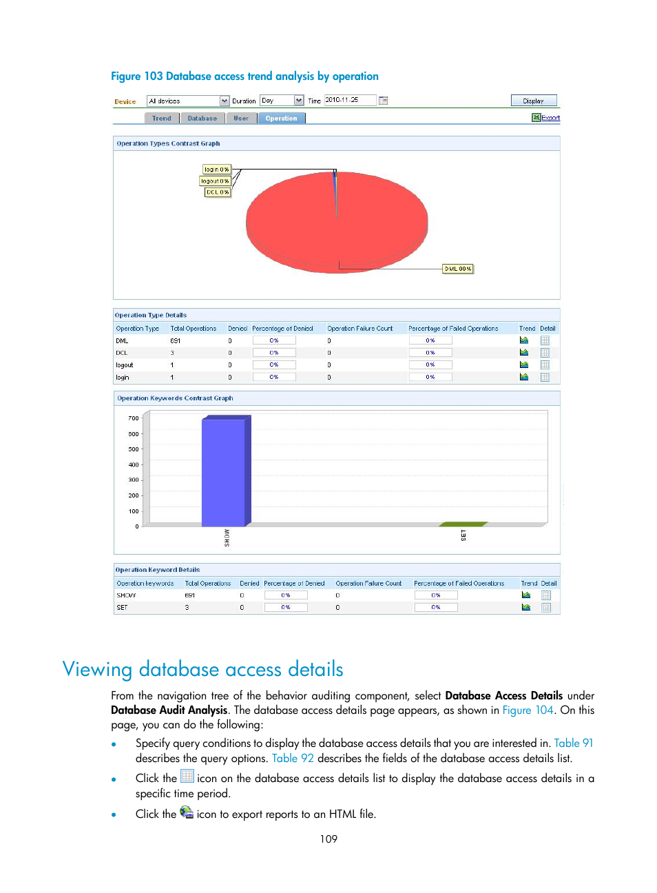 Viewing database access details, Viewing database access, Details | Figure 103 | H3C Technologies H3C SecCenter UTM Manager User Manual | Page 117 / 262