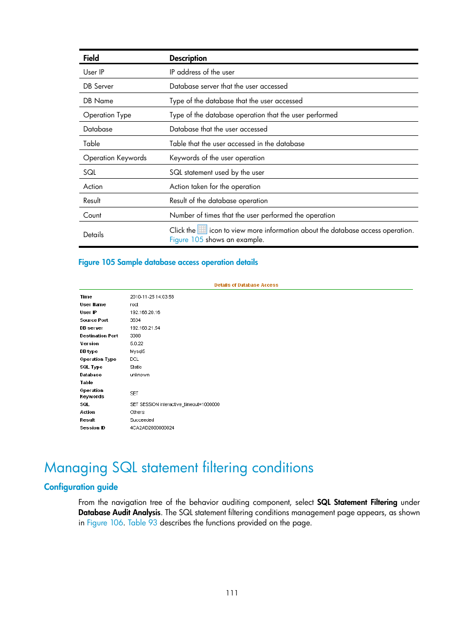 Managing sql statement filtering conditions, Configuration guide | H3C Technologies H3C SecCenter UTM Manager User Manual | Page 119 / 262